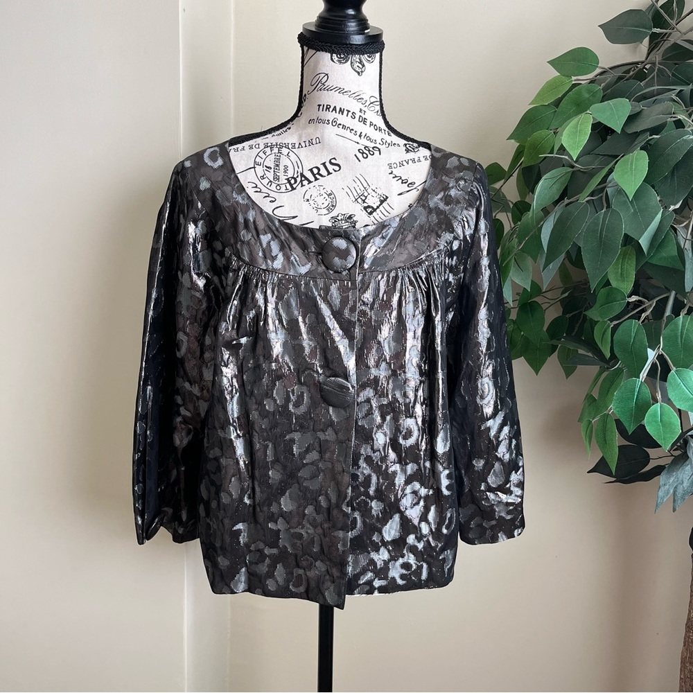 Tory Burch Metallic Leopard Print Cape Cropped Jacket Dark Silver Sz 14